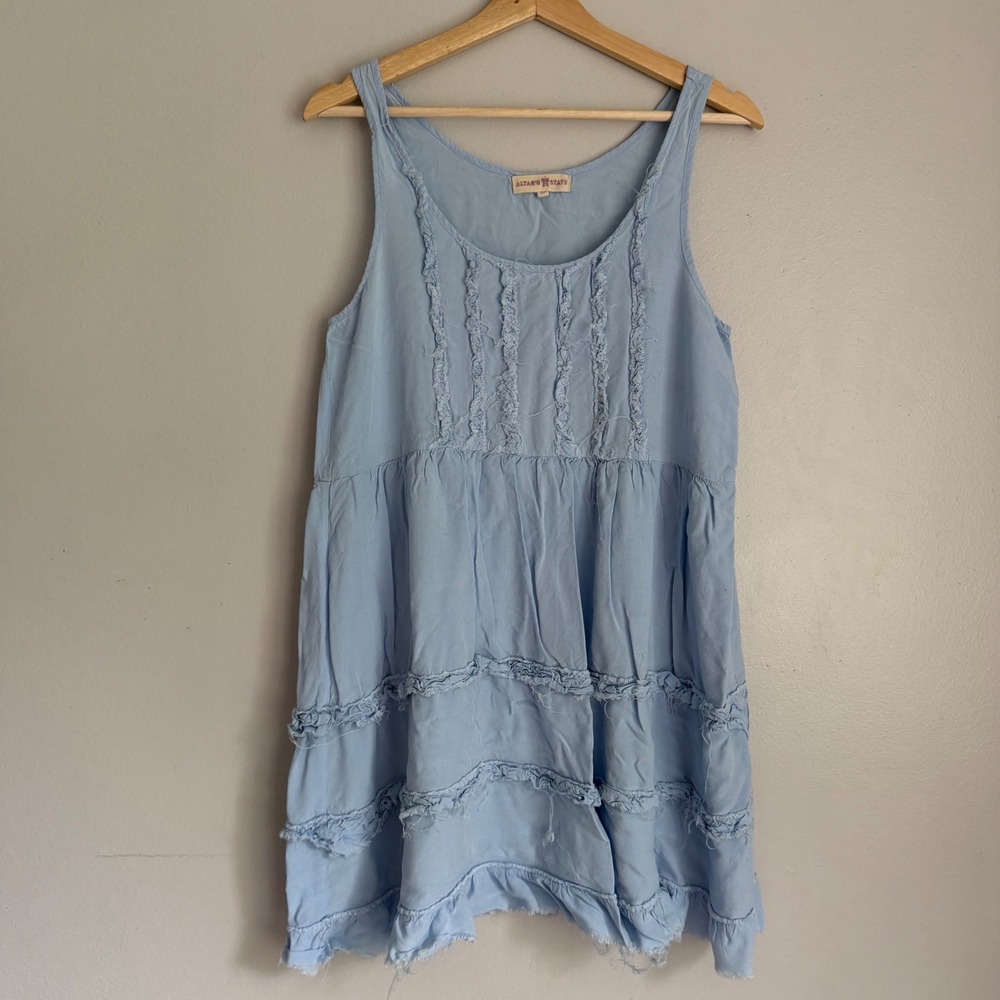 Y2K Vintage Altar'd State‎ Light Blue Frayed Ruffle Tiered Babydoll Mini Dress M